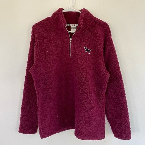 PINK Victoria's Secret Sweaters - PINK by Victoria's Secret Burgundy Sherpa Quarter Zip - Mock Neck